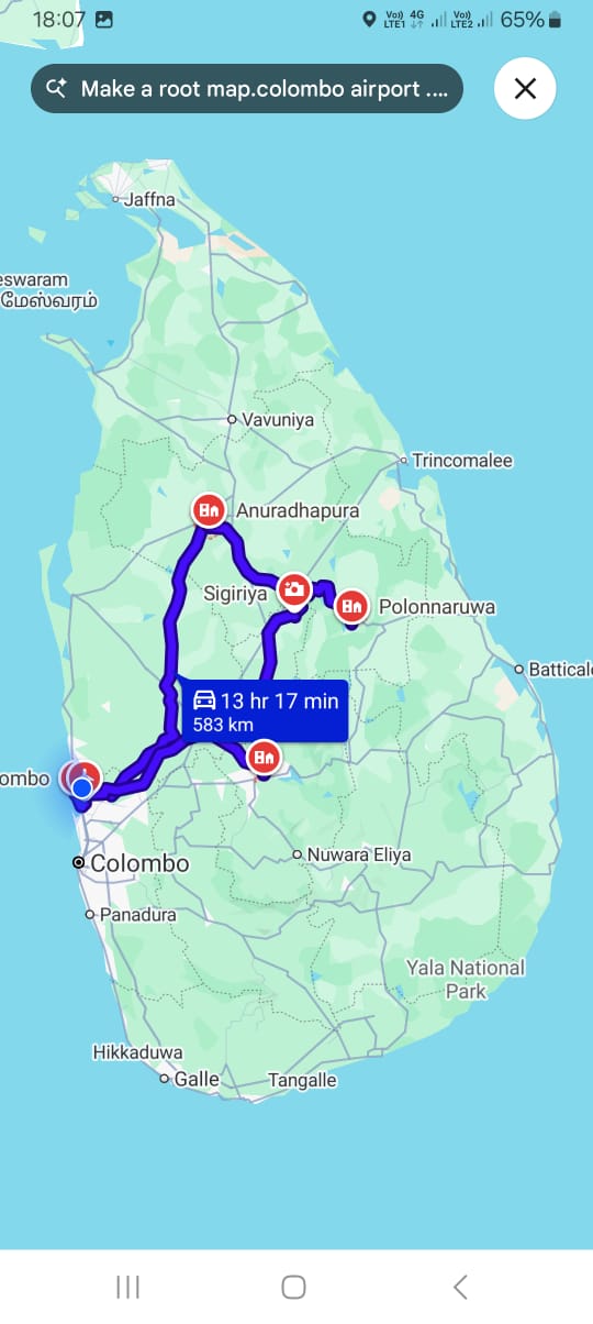 Map of the seven-day cultural tour route through Negombo, Anuradhapura, Sigiriya, Polonnaruwa, Dambulla, and Kandy