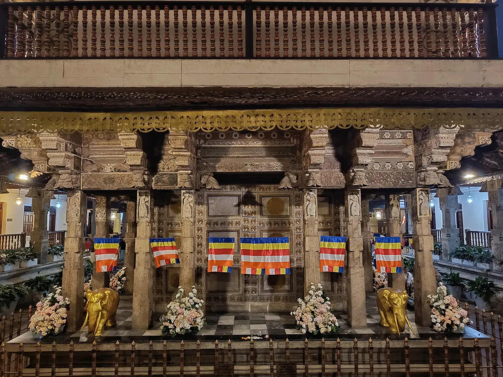 Ornate interior of the Temple of the Sacred Tooth Relic in Kandy