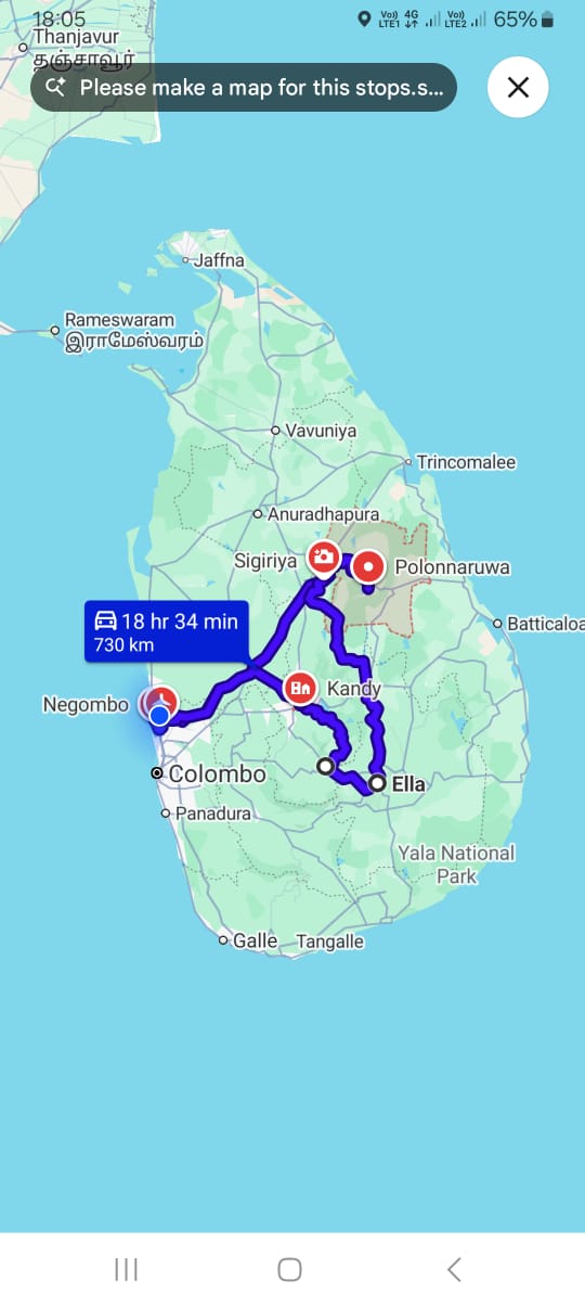Map of the seven-day cultural, wildlife, and hill country route through Sigiriya, Polonnaruwa, Ella, Nuwara Eliya, Kandy, and Negombo